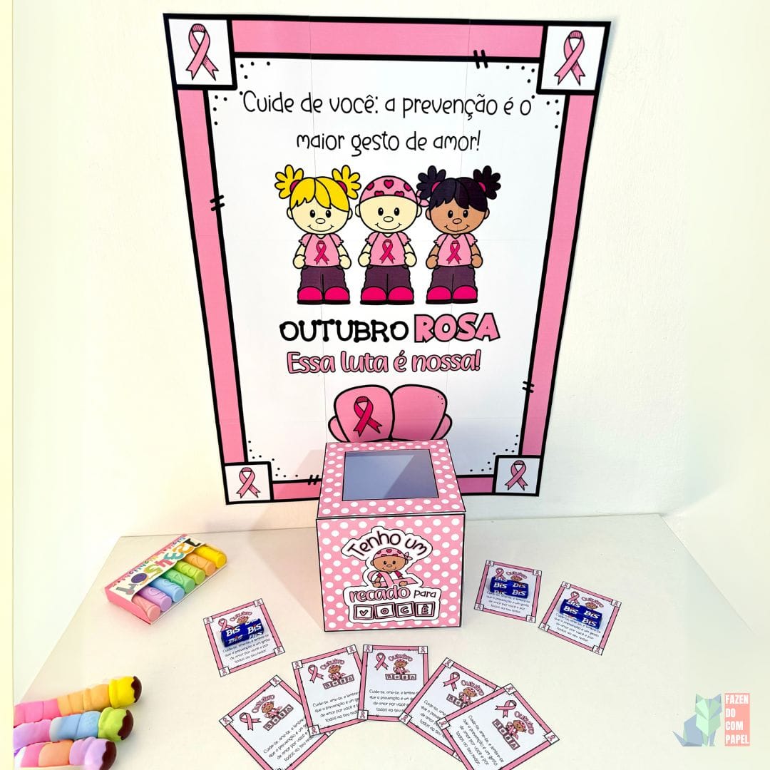 Kit Outubro Rosa - Cartaz, Caixa e Lembrancinha